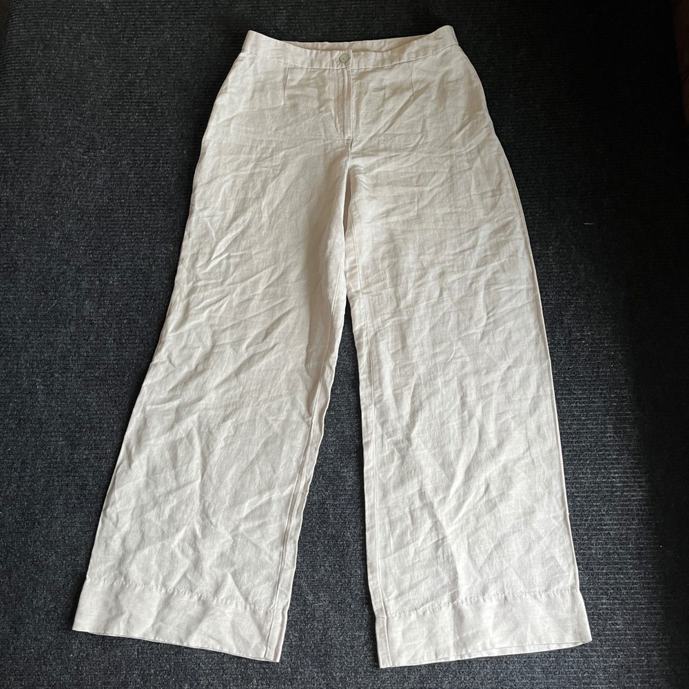 HM Linen Blend Wide Leg Trousers Beige High Waisted Pants Sz 8 lightweight flowy